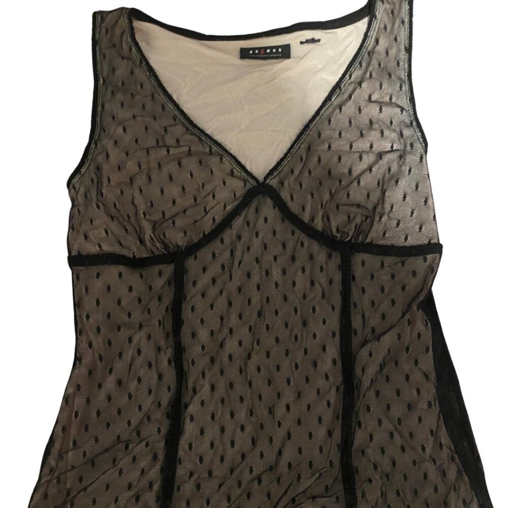 Vintage Axcess Liz Claborne Black Mesh Polka Dot Sleeveless Top w/ Black Lining